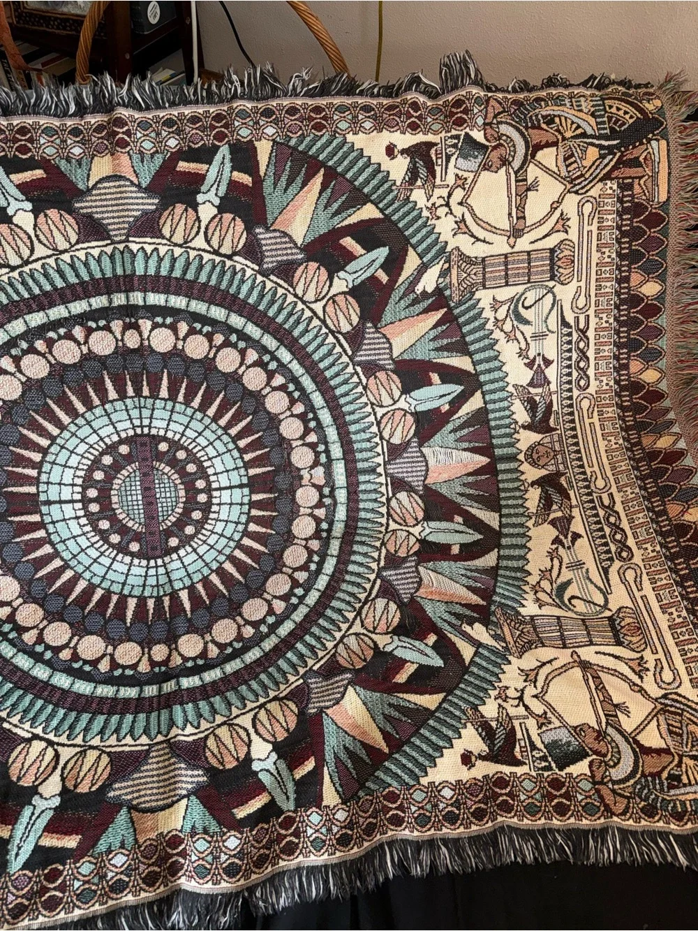 Egyptian theme Turquoise Brown lap Tapestry - crown crafts woven blanket